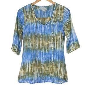 Kintamani By Wind River Tie Dye Stripe Blouse Top Size S Front Tie Blue Tan